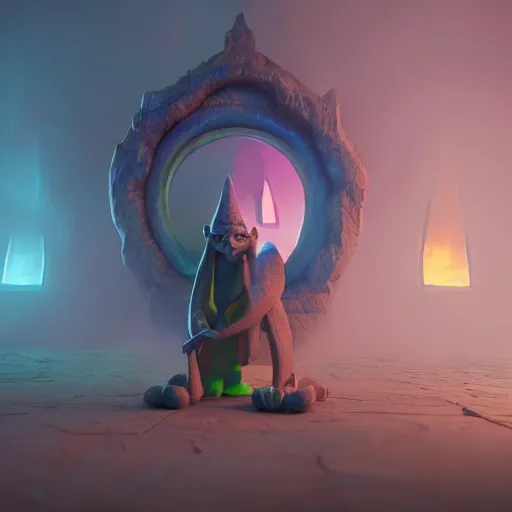 Prompt: a photorealistic render of a mage goblin in front of a misty dimensionnal portal in the style of Remi Luizy, ultra detailed, crispy, C4D, octane render, 8K, raytracing, lumens, vivid colors, trending on artstation, trending on deviantart