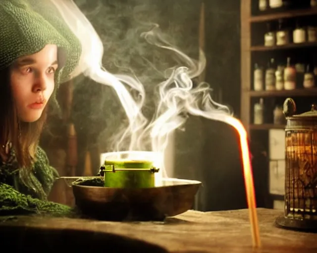 Prompt: close up portrait, dramatic lighting, concentration, calm confident teen witch and her cat mixing a spell in a cauldron, a little smoke fills the air, a witch hat and cape, a little green smoke is coming out of the cauldron, ingredients on the table, apothecary shelves in the background, still from harry potter