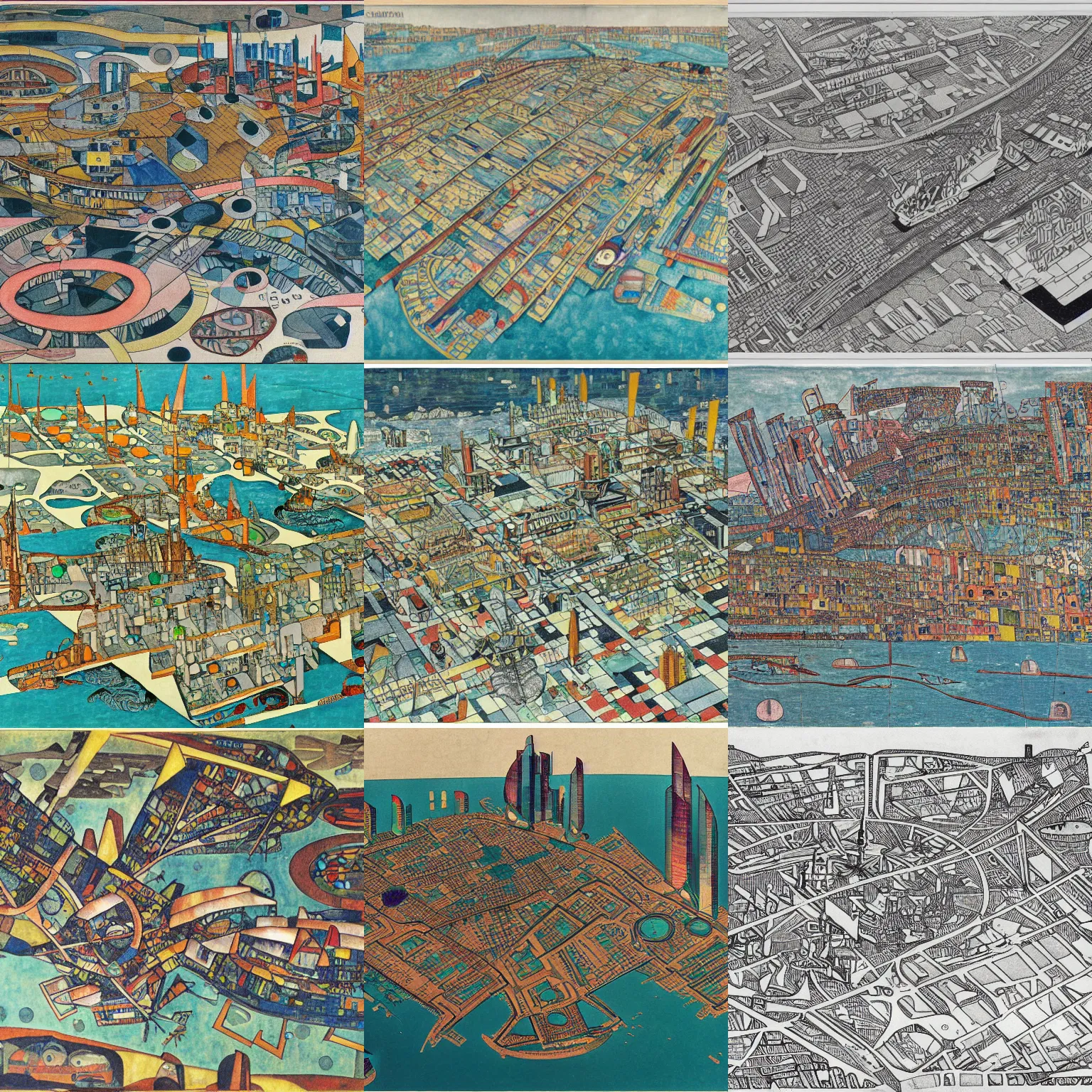 Prompt: a detailed map of a futuristic city located in an island surrounded by water with a few modern ships stationed around it, in the style of diego rivera schiele, full color, exploded view