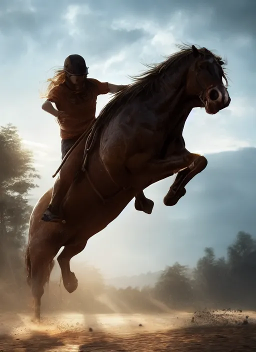 Image similar to the horse subdues the man while riding, volumetric lighting, beautiful, golden hour, sharp focus, ultra detailed, cgsociety by leesha hannigan, ross tran, thierry doizon, kai carpenter, ignacio fernandez rios, noir photorealism, film