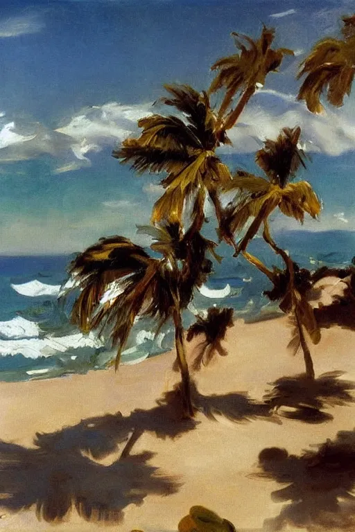 Prompt: the sun shining in the background, beach, spray of roses on the sea surface, a palm, painting by john singer sargent