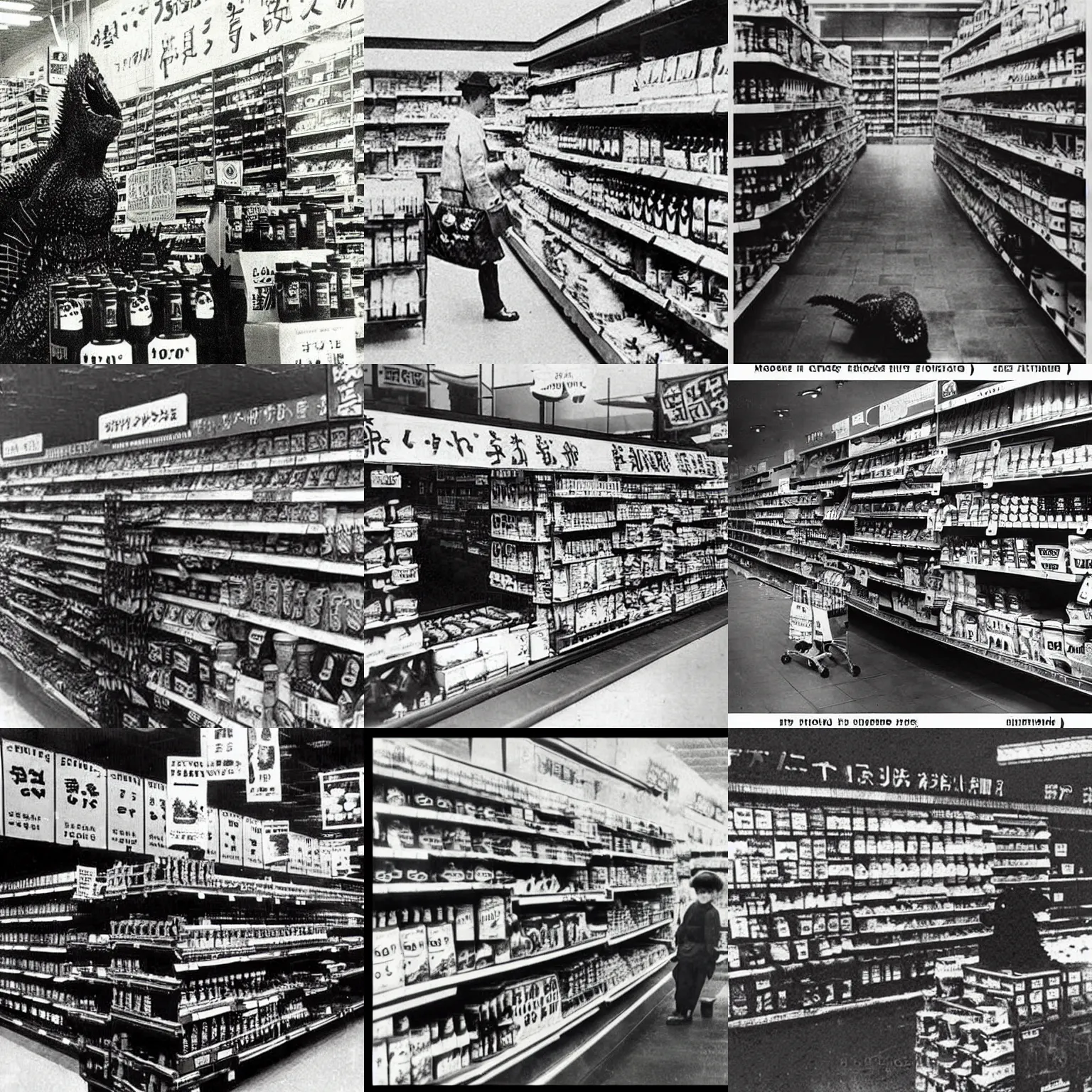 Prompt: “Godzilla in supermarket, 1900’s photo”