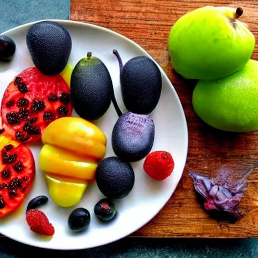 Prompt: Alien fruits on a plate, photo