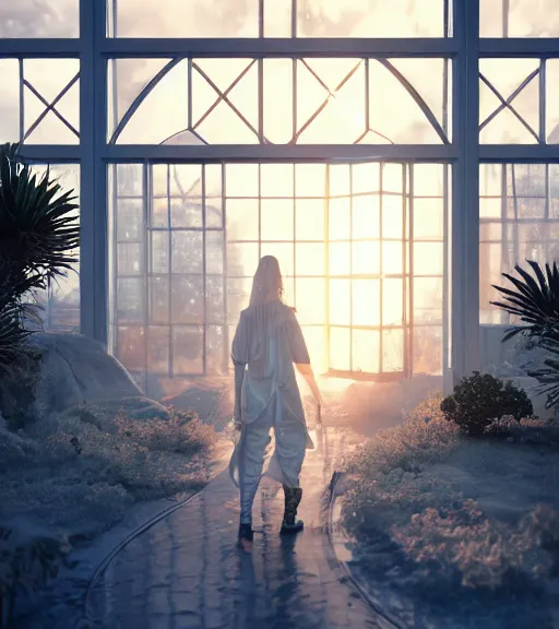 Prompt: majestic cyberpunk condensed glass structure, architecture of purification, white lab in the wild, desert white greenhouse, virtual installation, ancient atmosphere, trending on artstation, octane render, award winning, archviz, matte painting, sunrays, ethereal, desert, masterpiece, epic