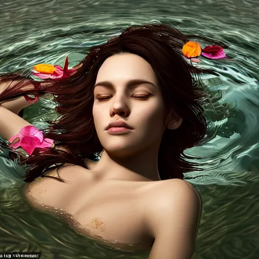 Image similar to epic portrait of a girls face laying in water, surrounded by loose petals, beautiful, high detail, unreal engine, realistic