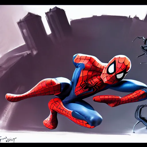 Image similar to spider - man sit on the raccoon and eating donuts, concept art, trending on artstation, highly detailed, intricate, sharp focus, digital art, 8 k