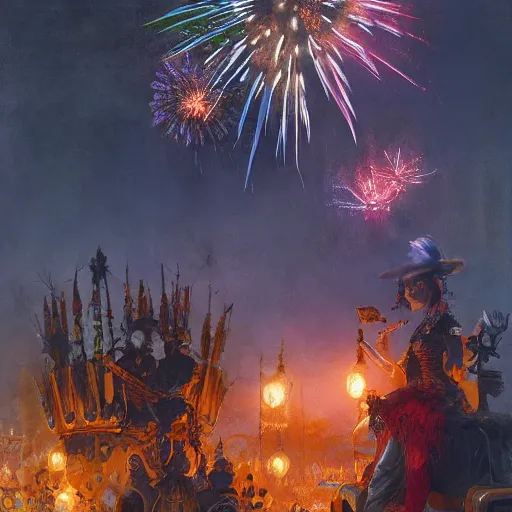 Image similar to halloween festival with colorful fireworks, 8 k octane beautifully detailed render, post - processing, extremely hyper - detailed, intricate, epic composition, cinematic lighting, masterpiece, trending on artstation, masterpiece, stunning art by anders zorn, wonderful masterpiece by greg rutkowski, beautiful cinematic