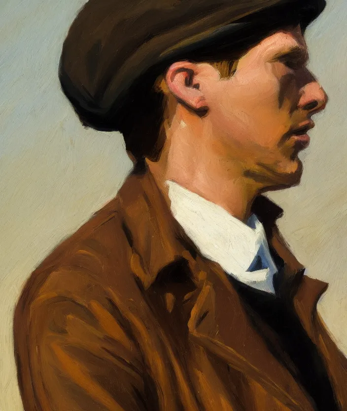 Image similar to a very detailed closeup portrait of a man, a leather jacket over his shoulder, in the style of edward hopper and oswald hornby joseph birley, very small brushstrokes, 4 k,