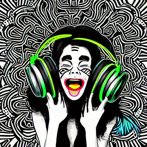 Prompt: artgerm, psychedelic laughing ghost - boo, rocking out, headphones dj rave, digital artwork, r. crumb, svg vector