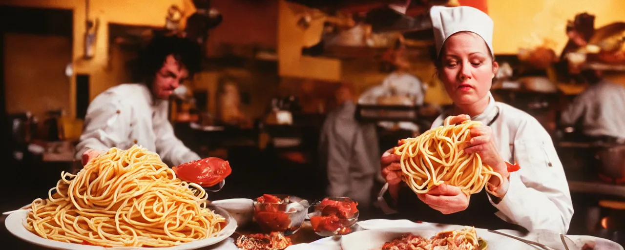 Image similar to a woman giving birth on a pile of spaghetti, chefs in the background, canon 5 0 mm, cinematic lighting, photography, retro, film, kodachrome