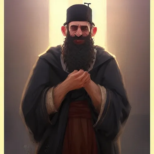 Image similar to a happy merchant jew wearing kippah!!!, rubbing hands!!!, evil, tricky, black curly beard, black curly hair, black eyes, hooked nose, by greg rutkowski, artstation, by artgerm, by wlop