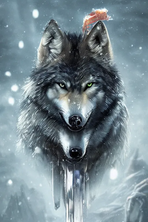 Image similar to a fancy portrait of a wolf with crystal fang's by Greg Rutkowski, Sung Choi, Mitchell Mohrhauser, Maciej Kuciara, Johnson Ting, Maxim Verehin, Peter Konig, final fantasy , mythical, 8k photorealistic, cinematic lighting, HD, high details, atmospheric,