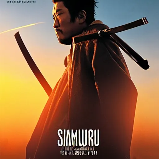 Image similar to epic movie cover depicting a samourai facing the sunset, cinematic lighting