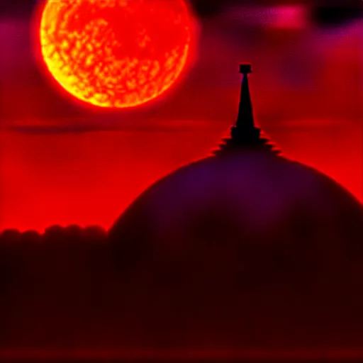 Image similar to gothic building under red sun eclipse from berserk