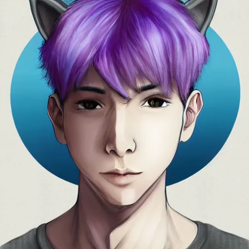 Prompt: Portrait art of a young man with purple hair and cat ears by shinji aramaki