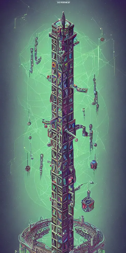 Image similar to isometric portrait of advanced alien, his last moment, mystical, intricate ornamental tower floral flourishes, technology meets fantasy, map, infographic, concept art, art station, style of monument valley, giger, wes anderson