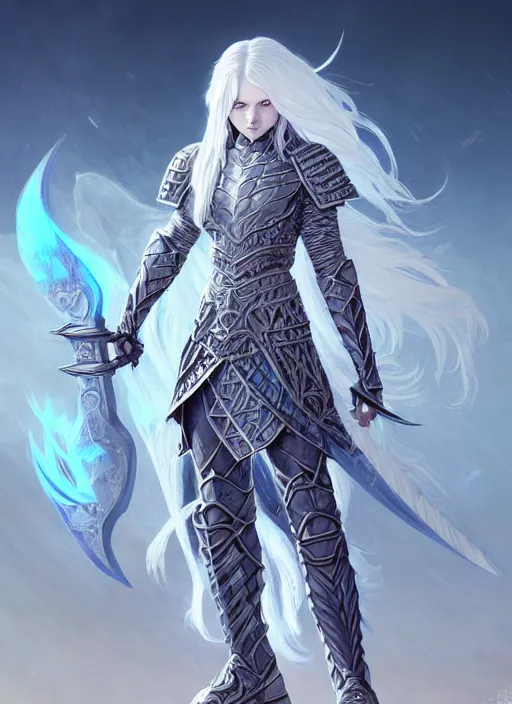 Image similar to warrior, light azure armor!!! long wild white hair!! covered chest!!! fantasy, d & d, intricate ornate details, digital painting, pretty face!!, symmetry, concept art, sharp focus, illustration, art by artgerm! greg rutkowski magali villeneuve wlop! ilya kuvshinov!!, octane render