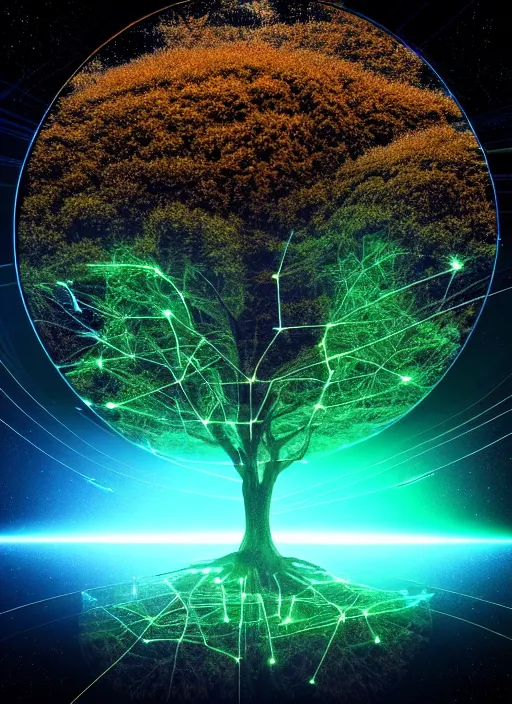 Image similar to high depth, collective civilization tree, calm, healing, resting, life, hybrids, scifi, glowing lights!!, published concept art, mixed medias, image overlays, sharp focus, thin glowing wires, winning illustration, eyes reflecting into eyes into infinity, singularity!!!, 3 6 0 projection, art in the style of 0 0 0 0