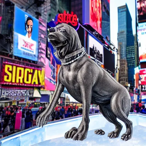 Prompt: realistic ice sculpture of snoop dog in times square, photorealistic, 8 k resolution, high detail