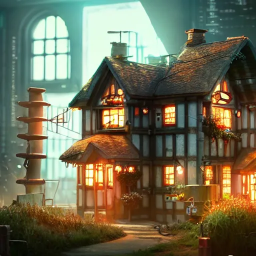 Prompt: high quality 3 d render very cute cyborg cottage! incorporated speakers!, cyberpunk highly detailed, unreal engine cinematic smooth, in the style of blade runner & detective pikachu, hannah yata charlie immer, moody light, low angle, uhd 8 k, sharp focus