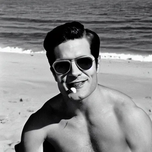 Prompt: retro photograph of superman smoking a cigarette wearing sunglasses chilling at the beach, Kodak film photo