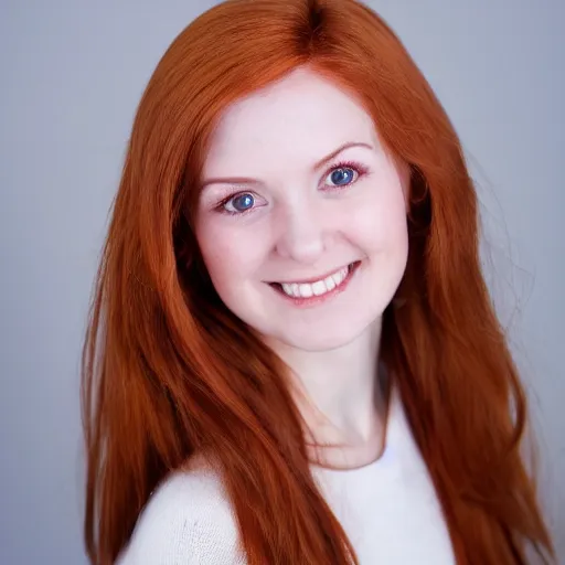 Prompt: school picture day photo of Young woman with auburn hair looking into the camera and smiling slightly, ultrarealistic, 8k