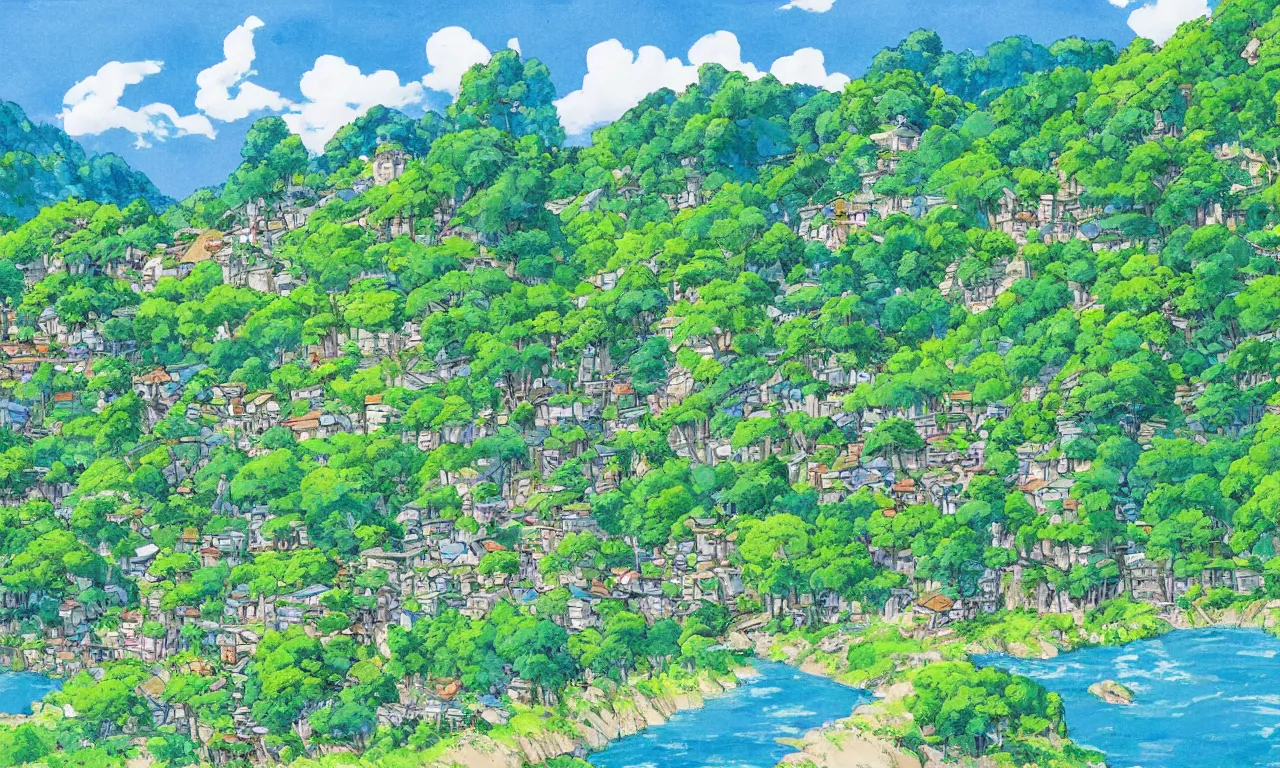 Image similar to a village down the mountain, river across the painting, blue sky, summer, green, sunshine, trees, by studio ghibli and hayao miyazaki