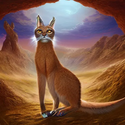 Prompt: an Artstation 3d render of Very very very very highly detailed beautiful mystic photo of cute caracal in the desert, intricate, extremely detailed, digital painting, artstation, concept art, smooth, sharp focus, illustration, intimidating lighting, incredible art,