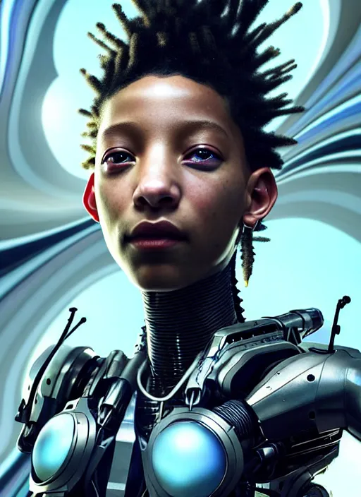 Image similar to willow smith as a weaponized cyborg, cyberpunk, intricate wirings, highly detailed, sci - fi, octane render, 8 k, sharp focus, smooth, beautiful and graceful, art by artgerm, greg rutkowski, tian zi, soey milk,