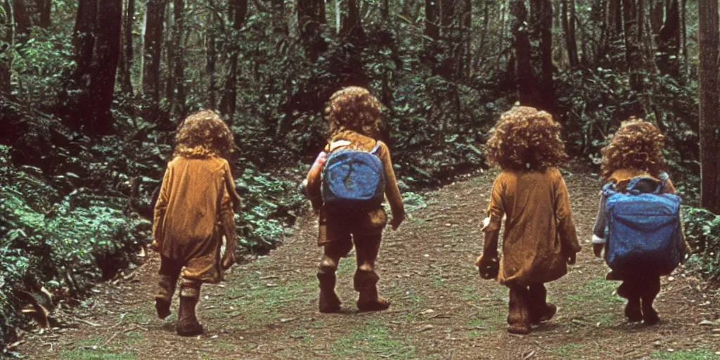 Image similar to A full color still from a Stanley Kubrick film featuring a side view of two hobbits wearing packs and walking down a path in a dark forest, 35mm, 1975