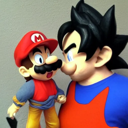 Image similar to realistic goku from dragonball z kissing a realistic mario.