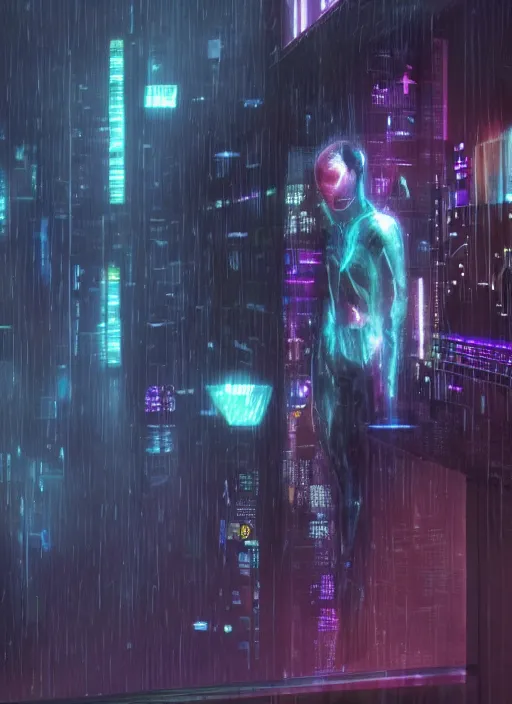 Prompt: lonely cyber person made of cosmic nebula galaxy energy watching a rainy stormy colorful complex cyberpunk futuristic city from behind at night through a window in a room full of wires and screens, 8 k, hyper photorealistic, wet, highly detailed, cinematic mood by ridley scott, ghost in the shell, rendered in octane, trending on artstation, glowing lights, gloomy, epic composition