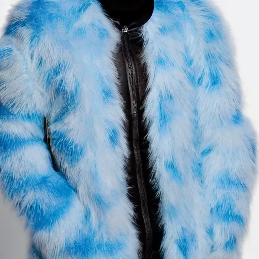 Prompt: nike jacket made of very fluffy blue faux fur : : with a reflective iridescent nike logo, professional advertising, overhead lighting, heavy detail, realistic designed by alexander mcqueen