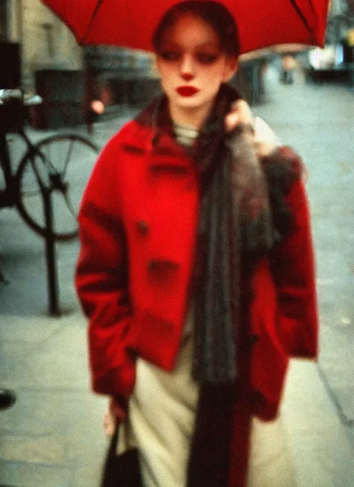 Image similar to portrait, blurry, street photography by saul leiter, red, pale