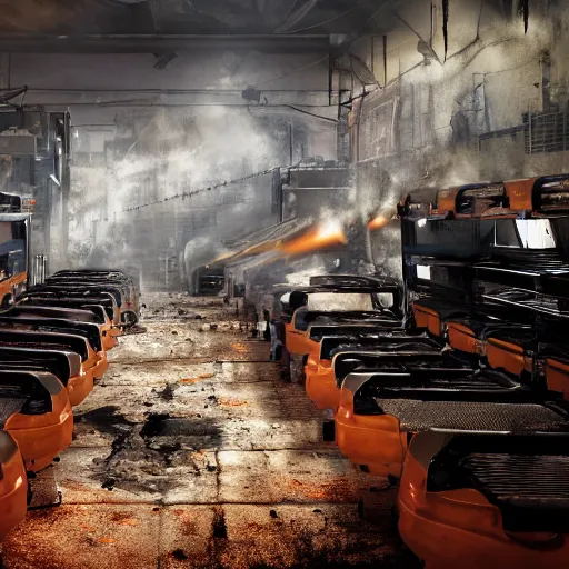 Image similar to rows of toaster oven mecha heads on conveyor belt, dark messy smoke - filled cluttered workshop, dark, dramatic lighting, orange tint, sparks, cinematic, highly detailed, sci - fi, futuristic, movie still