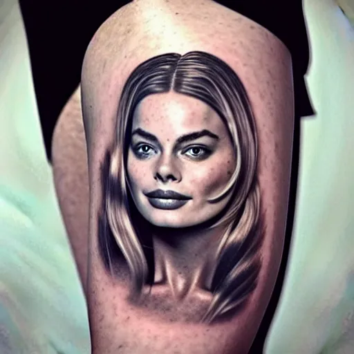 Image similar to realism tattoo design of margot robbie and beautiful mountains mash up, in the style of arlo dicristina, amazing detail, face morph