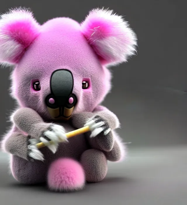 Prompt: high quality 3 d render hyperrealistic very cute small pink koala smoking weed joint, rising smoke, plush mascot, short spiky dense fluffy smooth hair, photo from the side, pink fluffy fur, 1 5 0 mm, beautiful natural soft light, rim light, vray, smooth background, artstation, ultra detailed