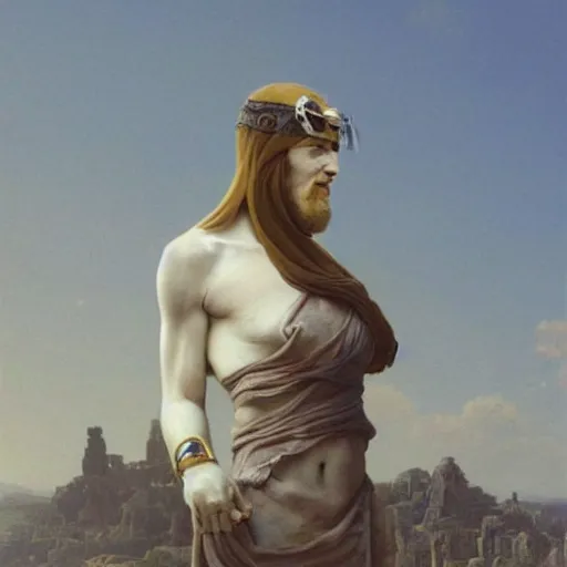 Image similar to tiny full-body young ancient greek woman in helmet, giant gray-haired bearded male head in background, by David Ligare, incredible details, epic stunning, highly detailed, trending on ArtStation, artgerm and greg rutkowski and alphonse mucha, IAMAG, broken giant marble ruins, golden hour