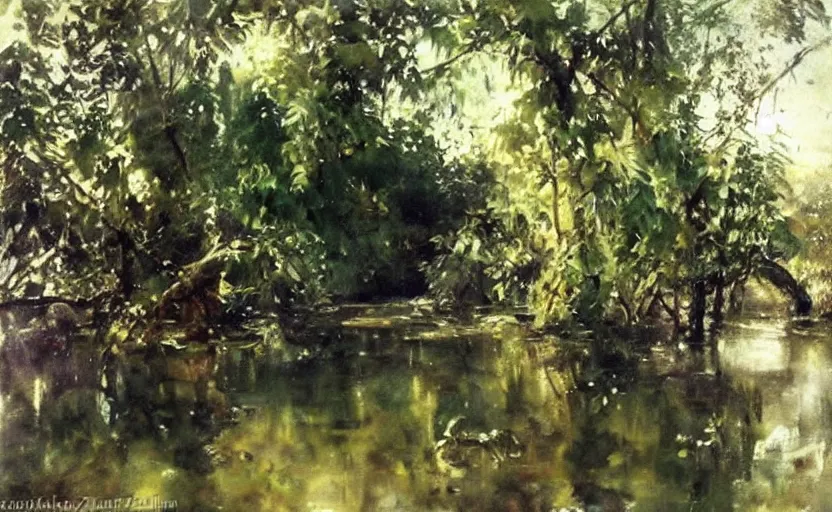 Prompt: oil painting lanscape by anders zorn, jungle nature, fruit trees, very very very very beautiful art, dramatic light, water reflections, aquarelle paint splashes, white canvas border