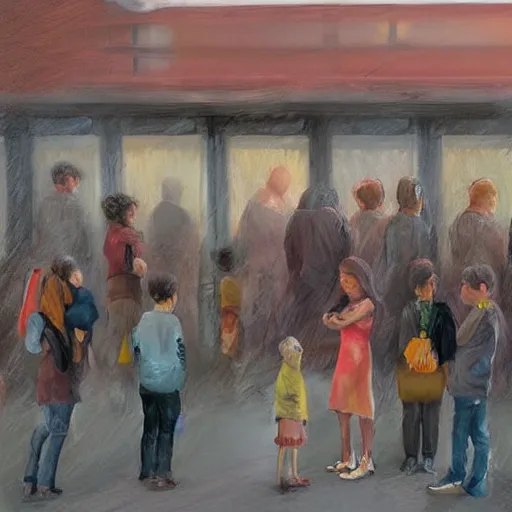 Image similar to A beautiful sculpture of a group of people waiting at a railway station. The people in the artwork are all waiting for a train that is about to arrive. Dexter's Lab by Alyssa Monks fine, calm