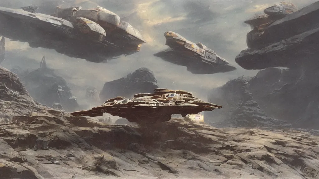 Image similar to small organic dropship lander by john schoenherr and jim burns, epic cinematic matte painting