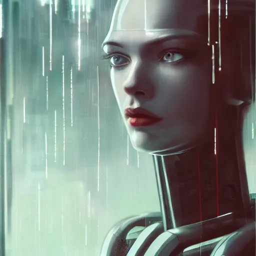 Image similar to detailed portrait of a female robot, moment, cyberpunk cloisters, electronic billboards, tech noir, wet reflections, atmospheric, ambient, livia prima, greg rutkowski, edward hopper, pj crook