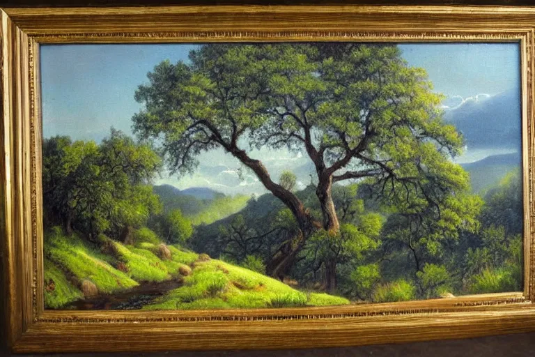 Image similar to masterpiece painting of oak trees on a hillside overlooking a creek, dramatic lighting, by a. y. jackson