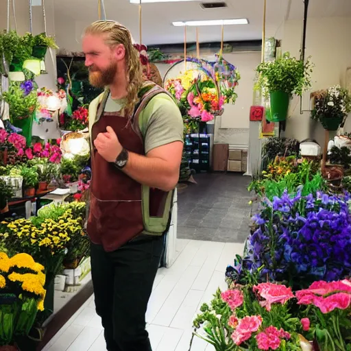 Image similar to photo of thor working in a flower shop