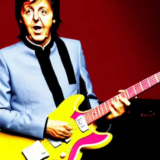 Image similar to Paul McCartney playing a Squier Hello Kitty Stratocaster, 8k, high definition, highly detailed, photorealistic