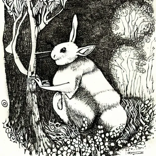 Image similar to a pen and ink drawing of a white rabbit smoking a smokey cigarette while reclining in a deep dark tangled forest, childrens book illustration, by edward gorey, by gustav dore