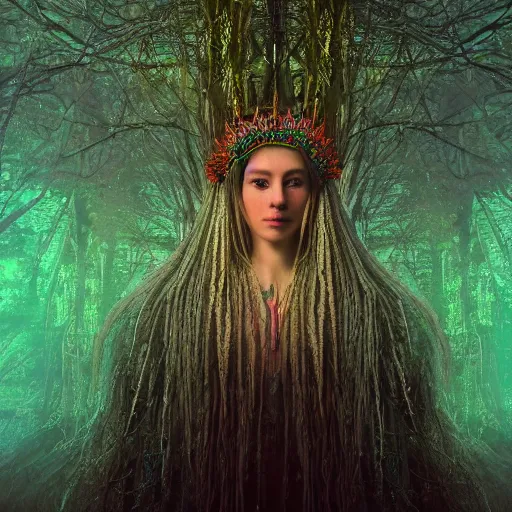 Image similar to tapping in to something greater, piles of modular synth cables, goddess portrait wearing a big headpiece in a mystical glowing forest in the style of wlop, stanley kubrick, masamune, unique perspective, eastman color, perfect details, trending on artstation, 3 d render, smooth render, green and blue palette, wlop