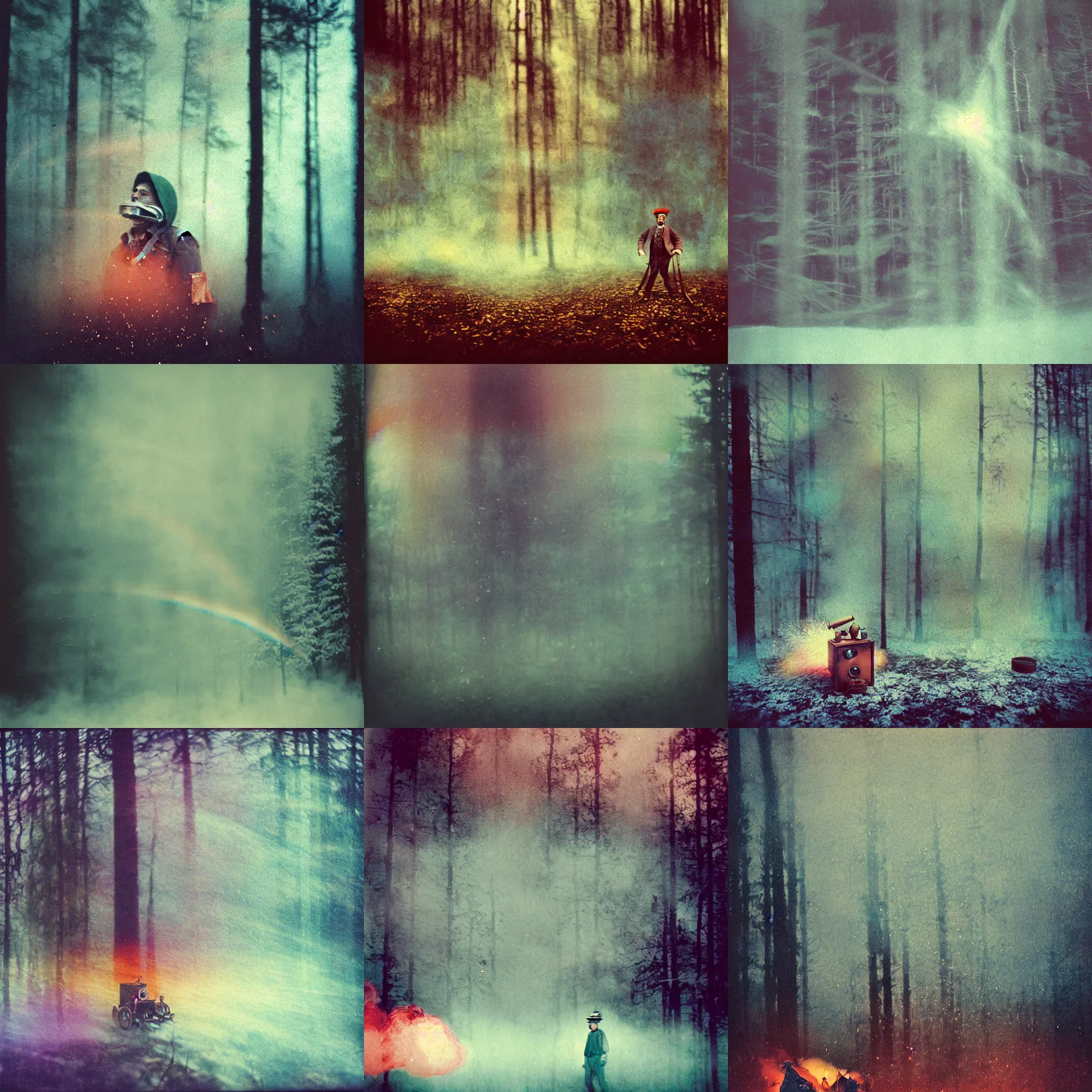 Image similar to kodak portra 4 0 0, wetplate, muted colours, blueberry, 1 9 1 0 s style, motion blur, portrait photo of a backdrop, explosions, rockets, bombs, sparkling, lumberjack, forest, snow, rainbow coloured fog, by georges melies and by britt marling