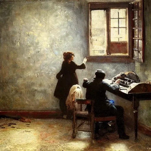 Image similar to a man and a woman solving an escape room puzzle, mysterious markings on the wall, by alfred stevens