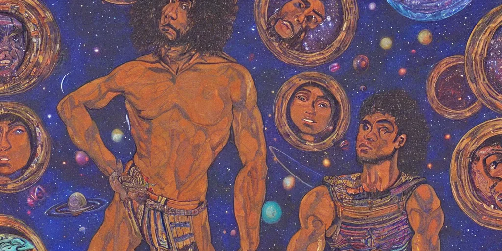 Image similar to an abstract space station background, a multiracial greek god dancing, clear eyes. 2 4 mm, photorealistic, muted color scheme, directed by mati klarwein